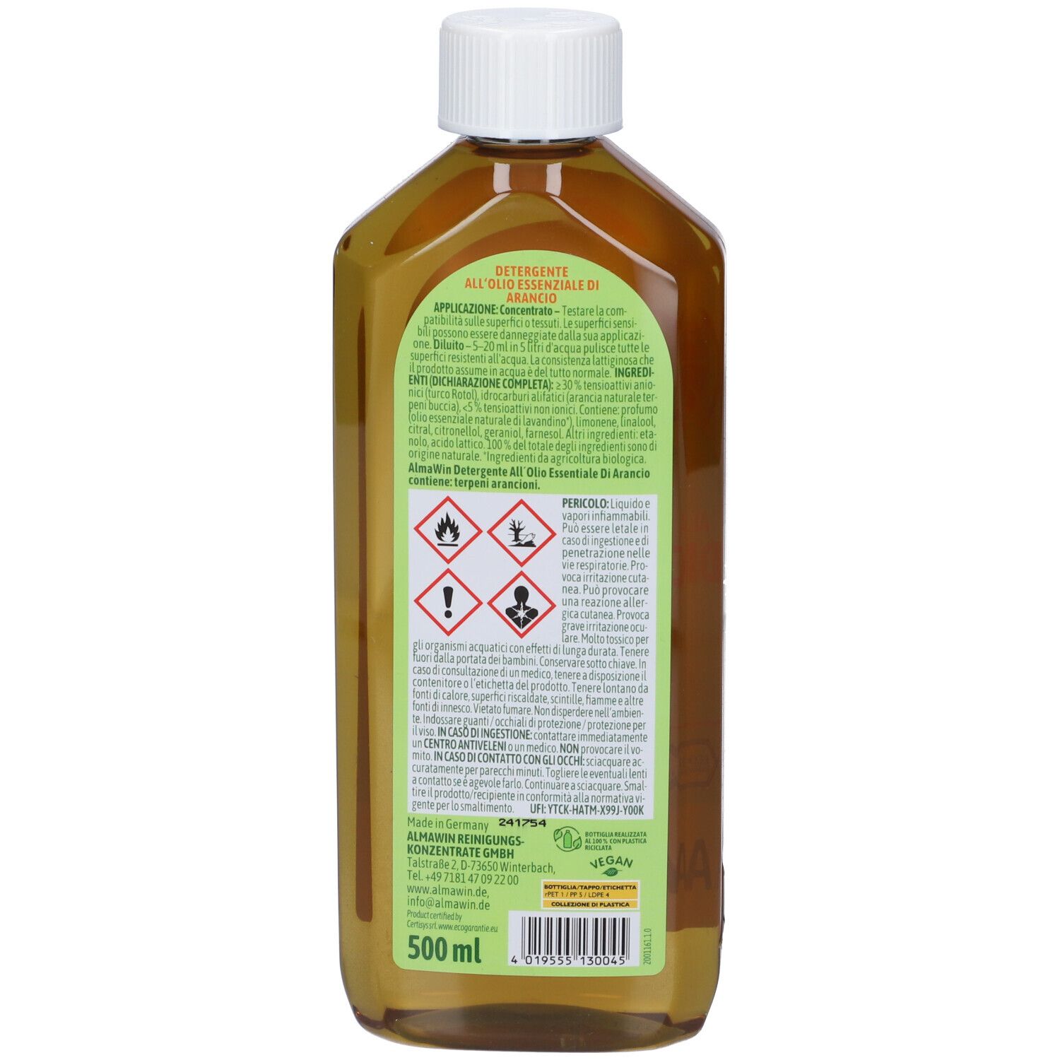 Braune Glasflasche mit weißem Deckel, 500 ml, mit Etikett, das Warnsymbole und Produktinformationen enthält.