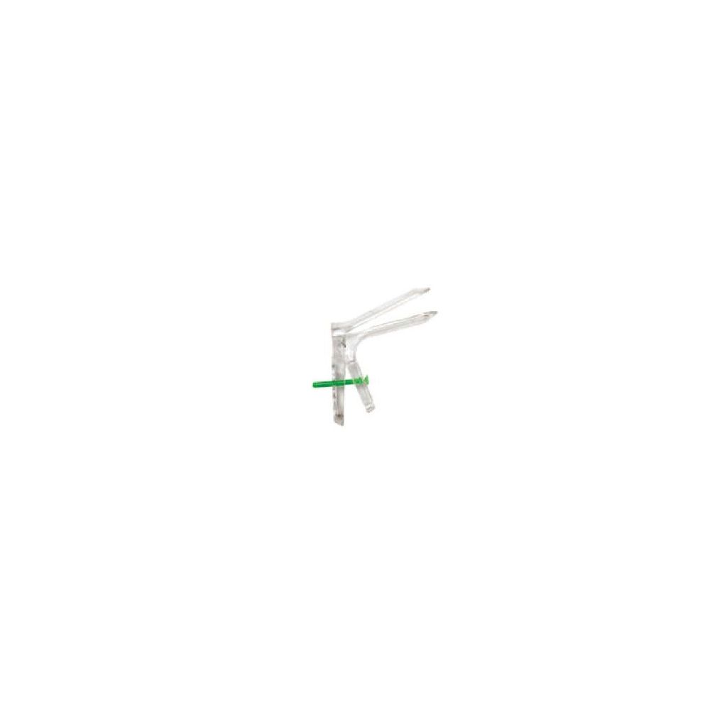 Speculum vaginale trasparente, plastica, chiusura verde. Sterile.