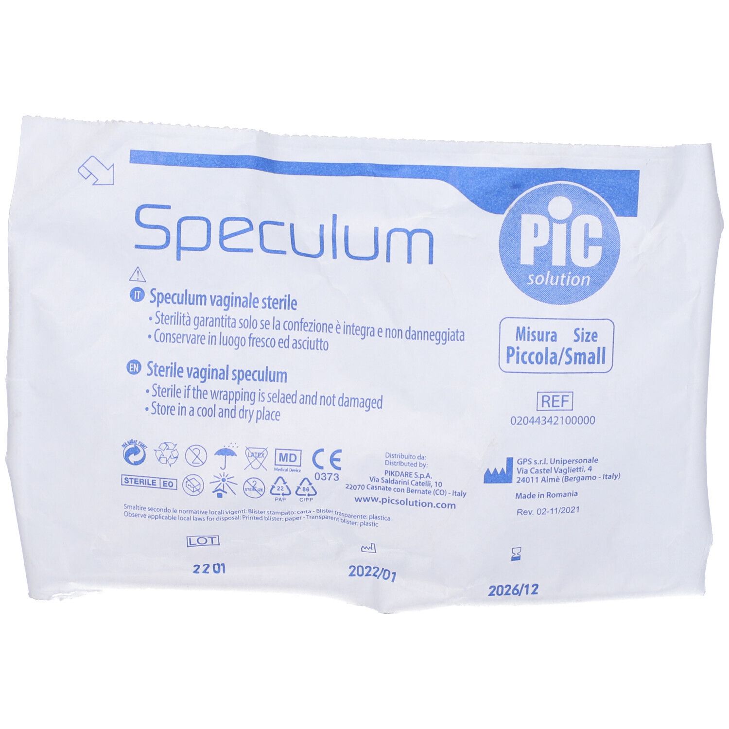 Confezione con 'Speculum'. Logo Pic. 'Misura Piccola/Small'. Sterile.