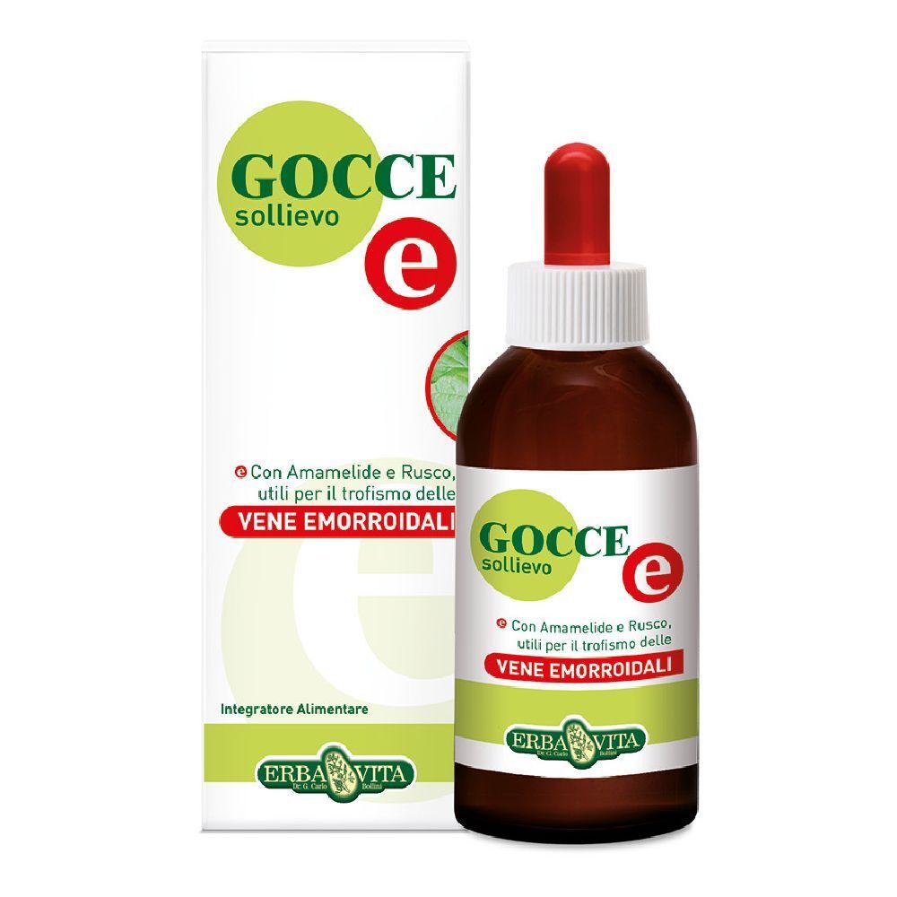 Flacone di vetro marrone con contagocce rosso e confezione. Scritta: Gocce sollievo e, Erba Vita.