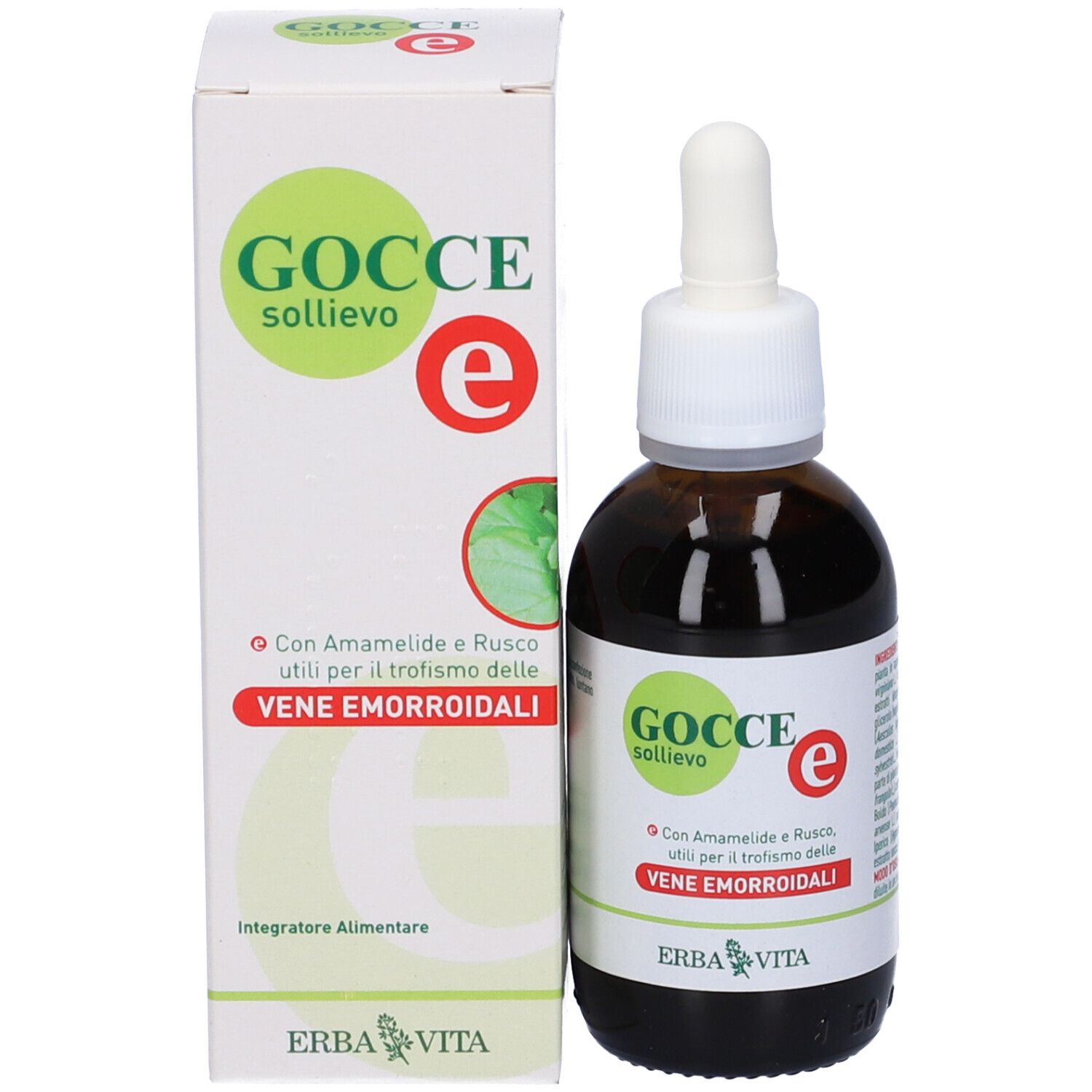 Flacone di vetro marrone con contagocce bianco e confezione. Scritta: Gocce sollievo e, Erba Vita.