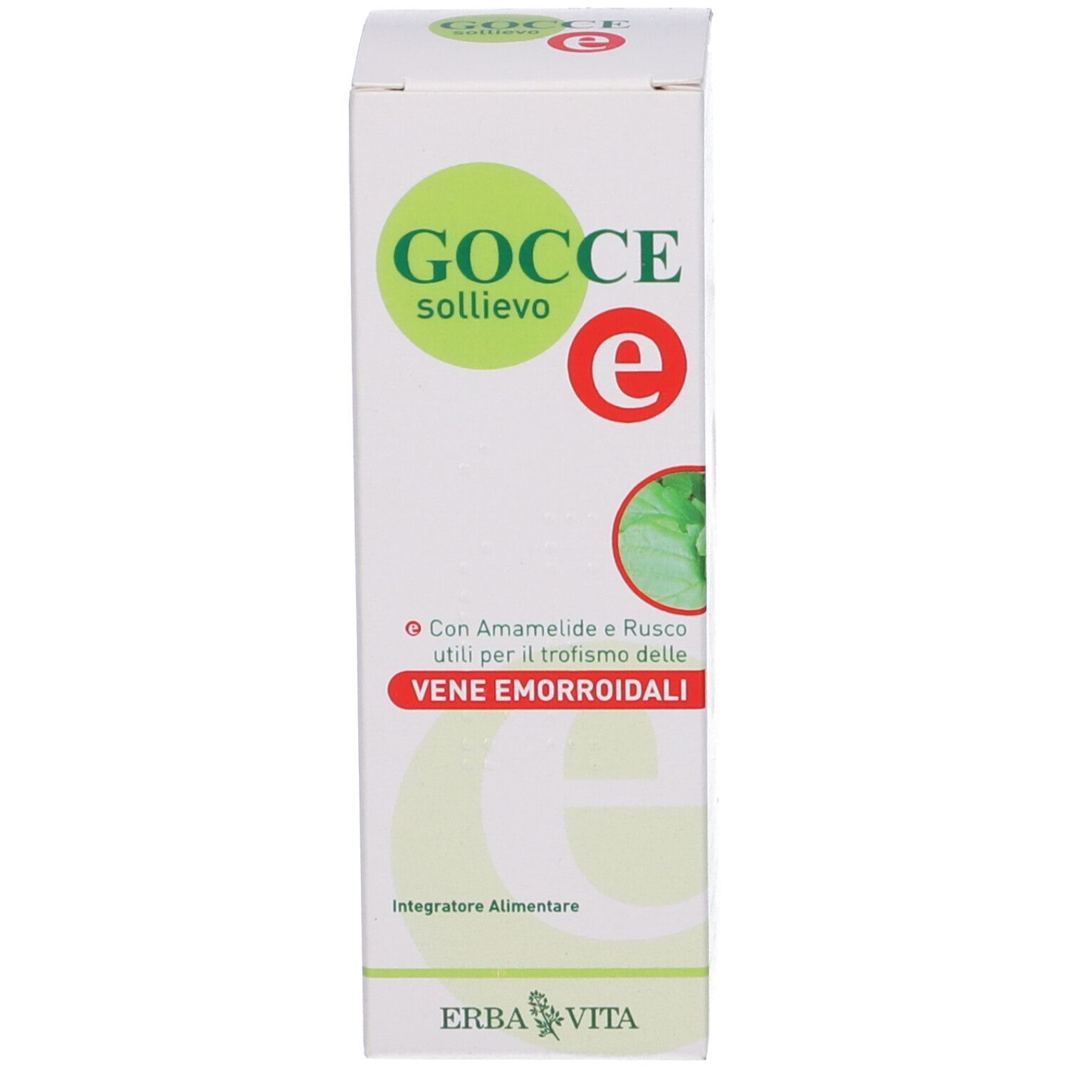 Confezione con scritta: Gocce sollievo e, Erba Vita. Prodotto per vene.