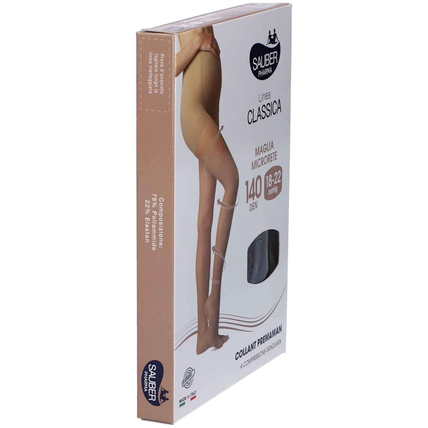 Collant Premaman Sauber Classica 140 Den. Confezione con collant nero. Scritte: Maglia Microrete, 18-22 mmHg. Made in Italy.