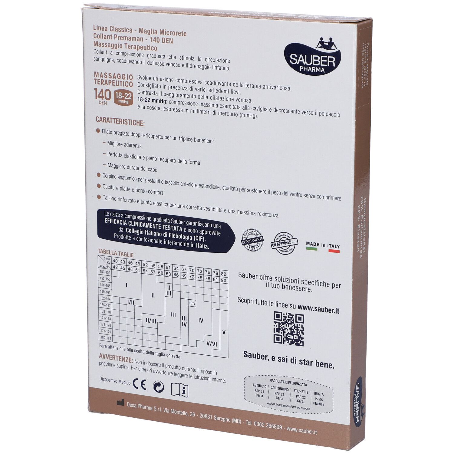 Retro della confezione del collant Premaman Sauber Classica. Testo e tabella taglie. Made in Italy. Certificazioni.