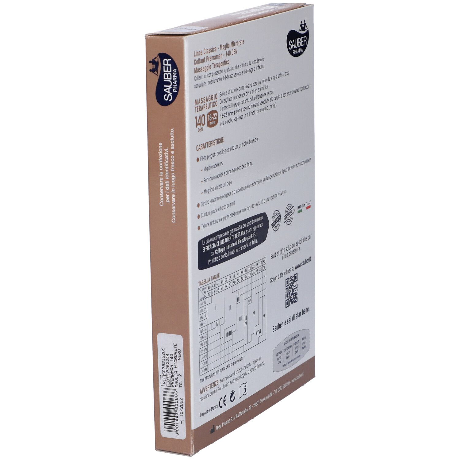 Retro della confezione del collant Premaman Sauber Classica. Testo e tabella taglie. Made in Italy. Certificazioni.
