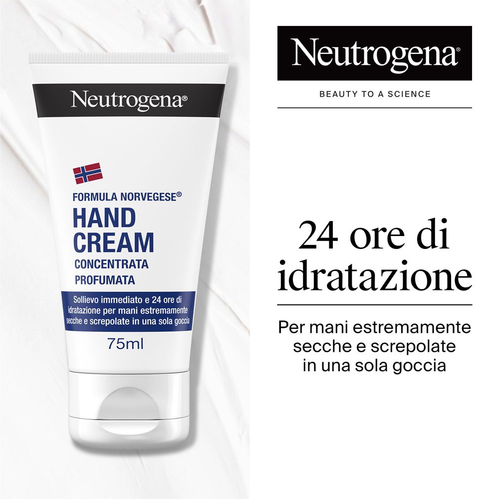 Tubo di crema mani Neutrogena. Testo: 24 ore di idratazione. Per mani molto secche.