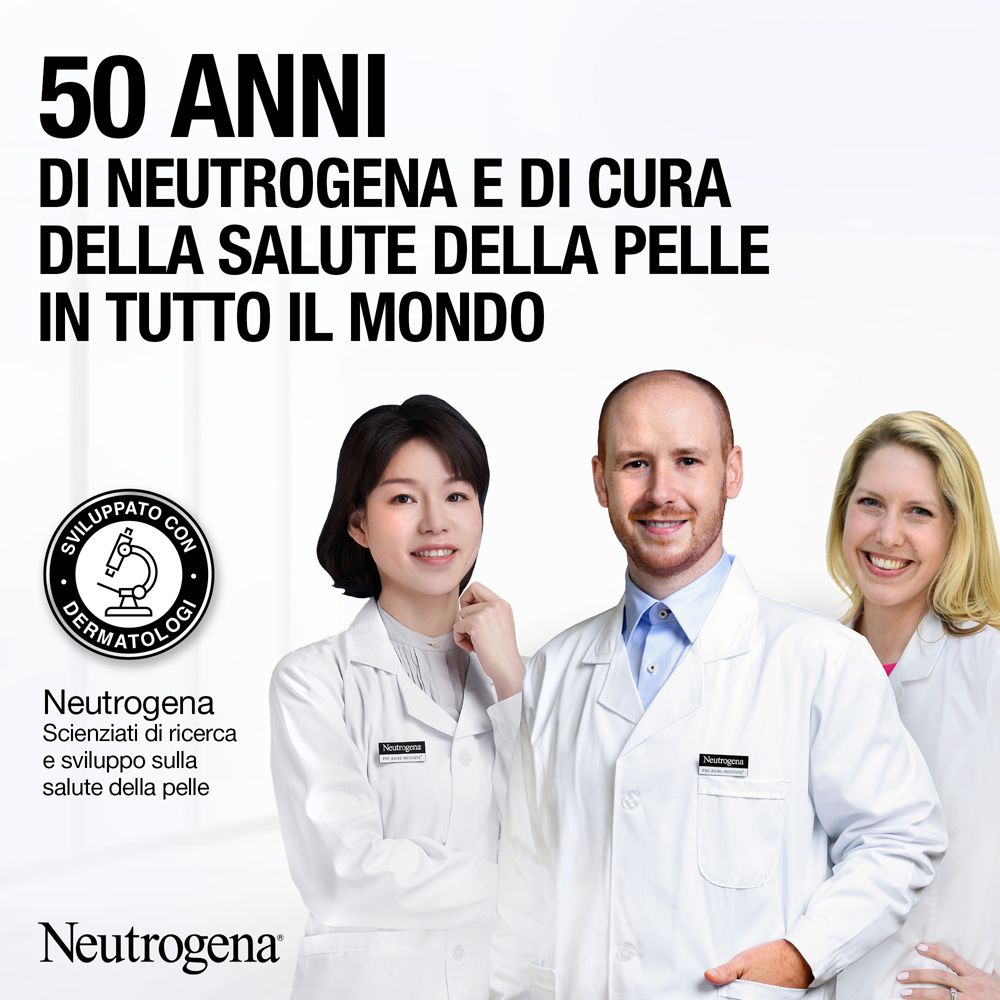 Tre persone in camici bianchi. Testo: 50 anni Neutrogena e cura della pelle in tutto il mondo.