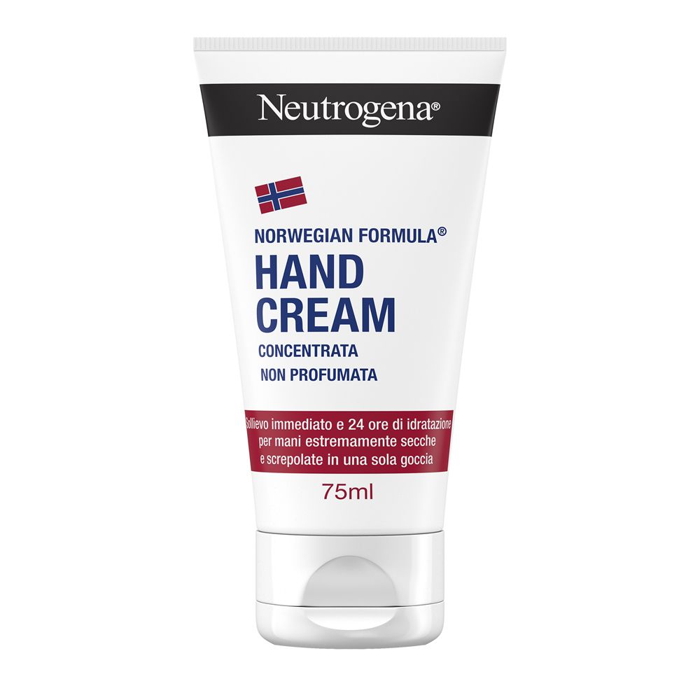 Tube de crème pour les mains Neutrogena. Tube blanc avec texte bleu et drapeau norvégien. Concentré, non parfumé. 75ml.