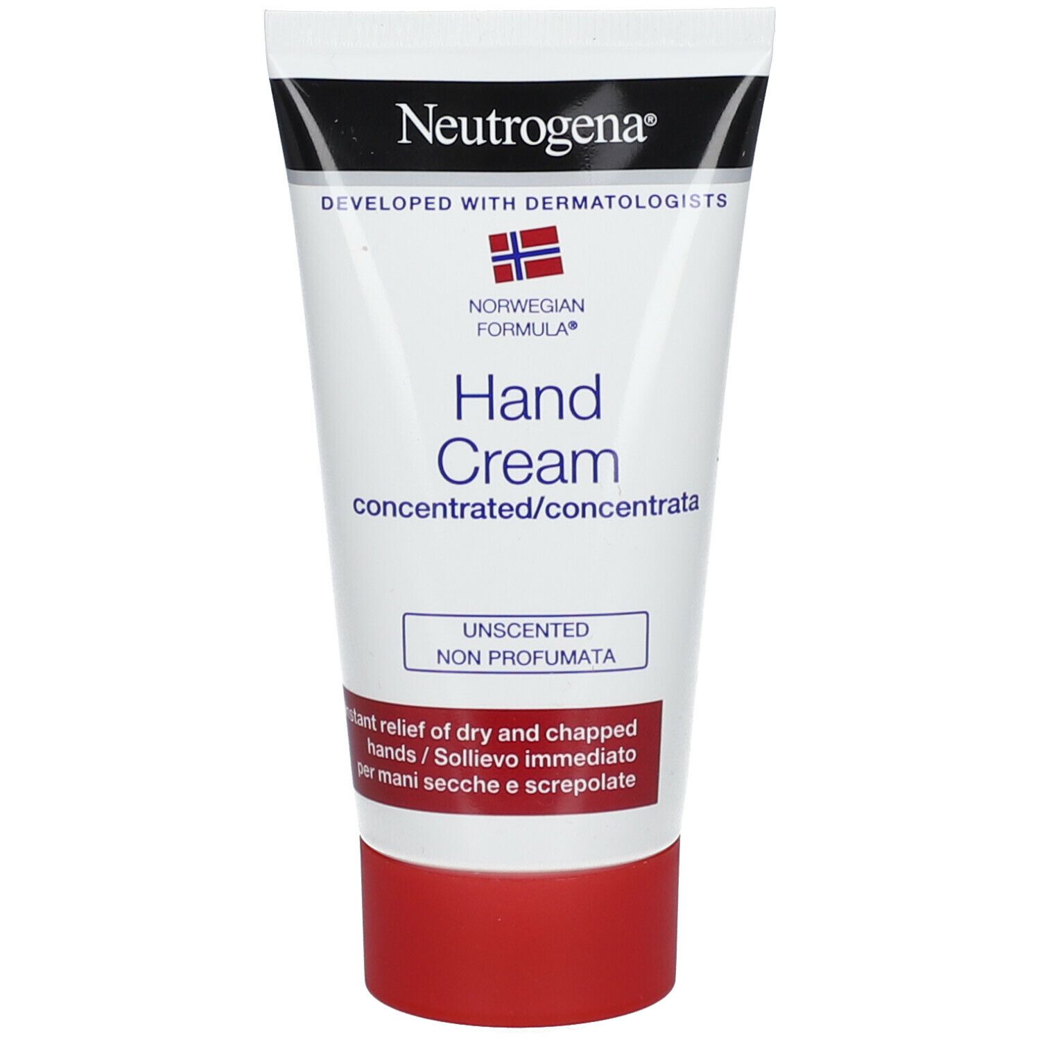 Tube de crème pour les mains Neutrogena. Blanc, avec texte bleu et drapeau norvégien. Non parfumé. Concentré.