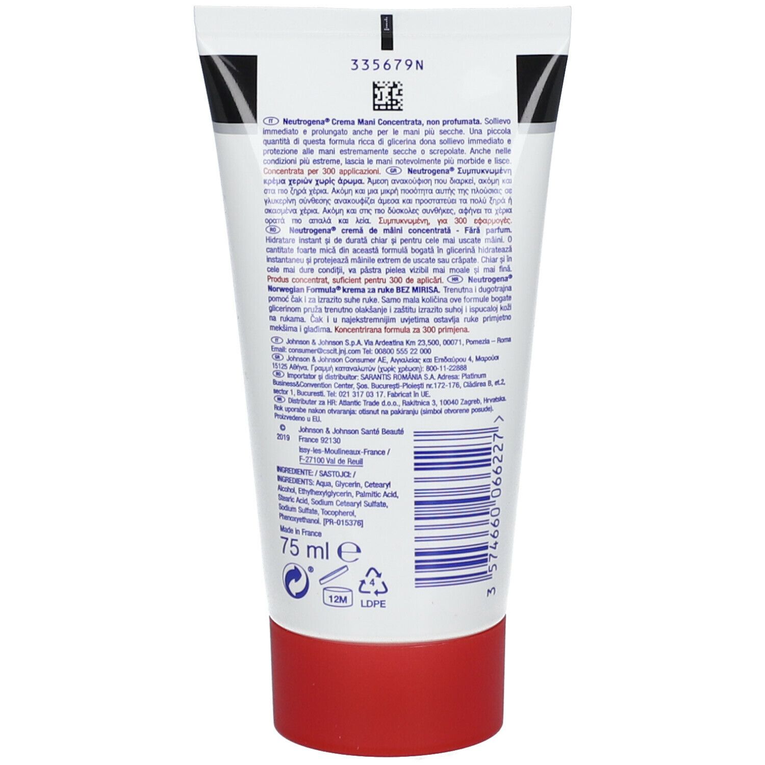 Dos du tube de crème pour les mains. Texte : Ingrédients, instructions d'utilisation, informations du fabricant. 75 ml.