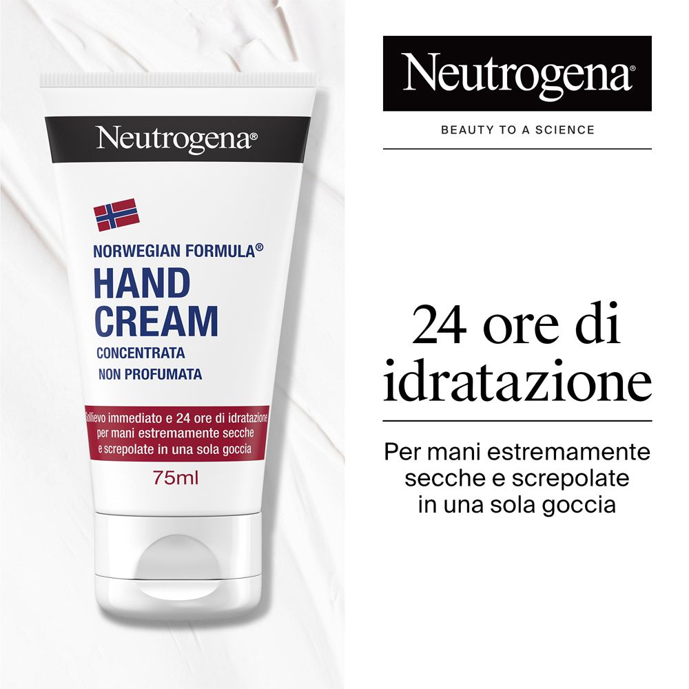 Tube de crème pour les mains Neutrogena et texte. 24 heures d'hydratation. Pour mains très sèches et gercées. Marque et logo.