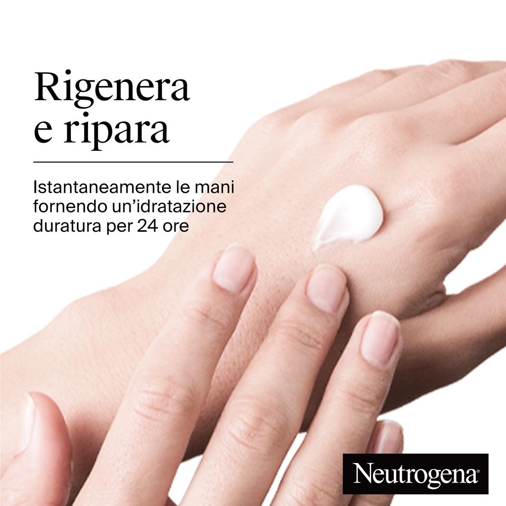 Main avec crème. Texte : Régénère et répare. Hydratation instantanée pendant 24 heures. Logo Neutrogena.