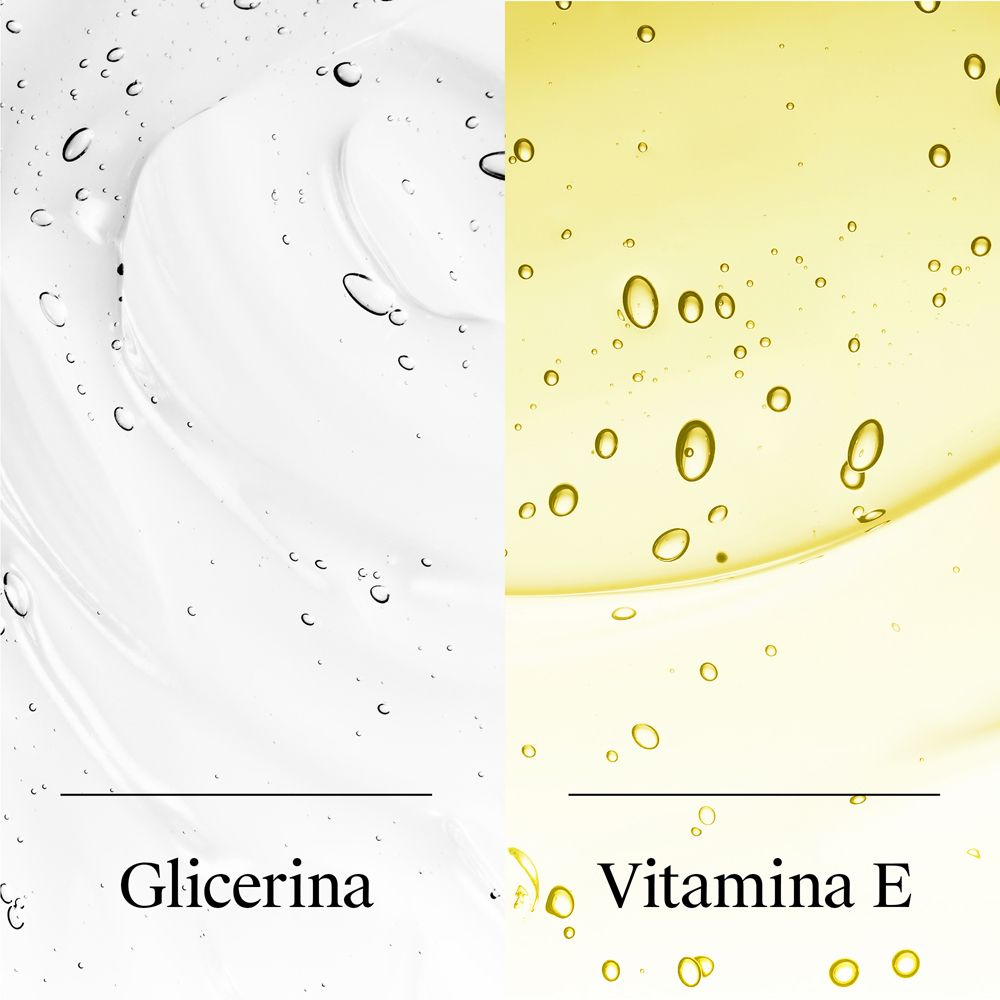 Gros plan de glycérine et de vitamine E. Deux liquides avec des bulles. Texte : Glycérine et vitamine E.