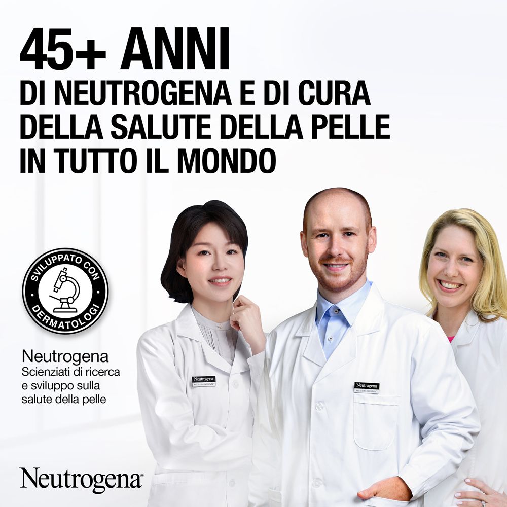 Trois personnes en blouses de laboratoire. Texte : 45+ ans de Neutrogena et de soins de la peau dans le monde. Testé dermatologiquement.