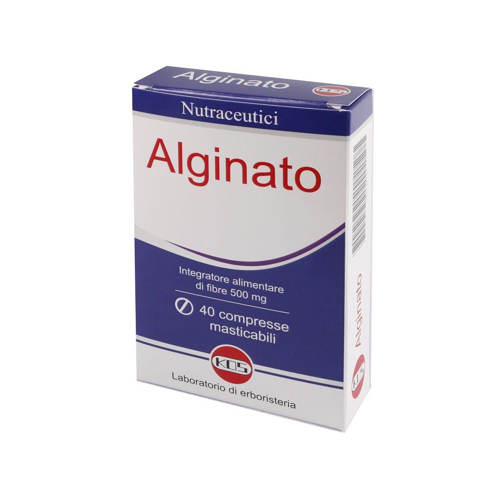 Scatola "Alginato" con testo rosso e onda blu. Contiene 40 compresse masticabili. Marchio KOS.