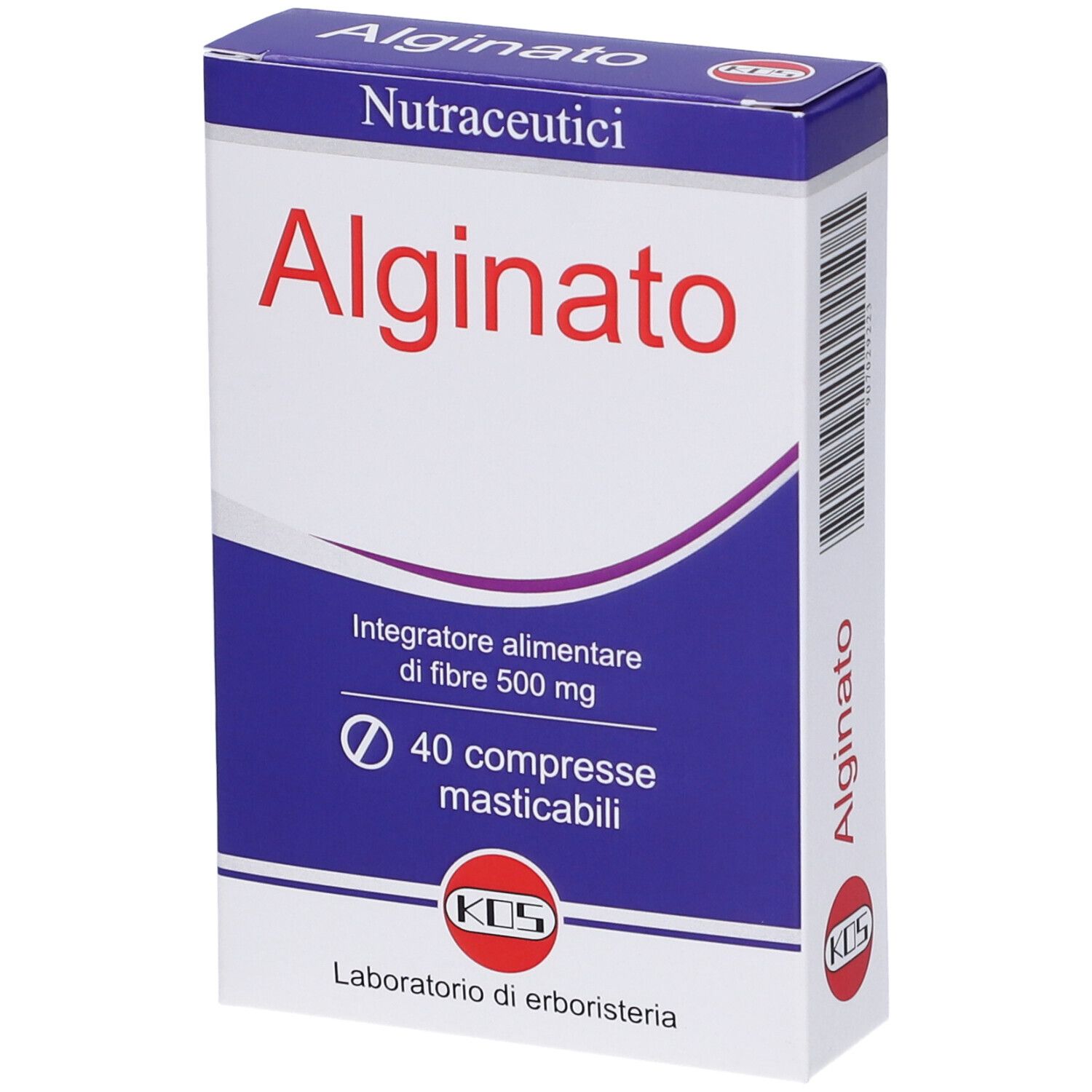 Primo piano della scatola "Alginato". Testo rosso, onda blu, 40 compresse masticabili. Marchio KOS.