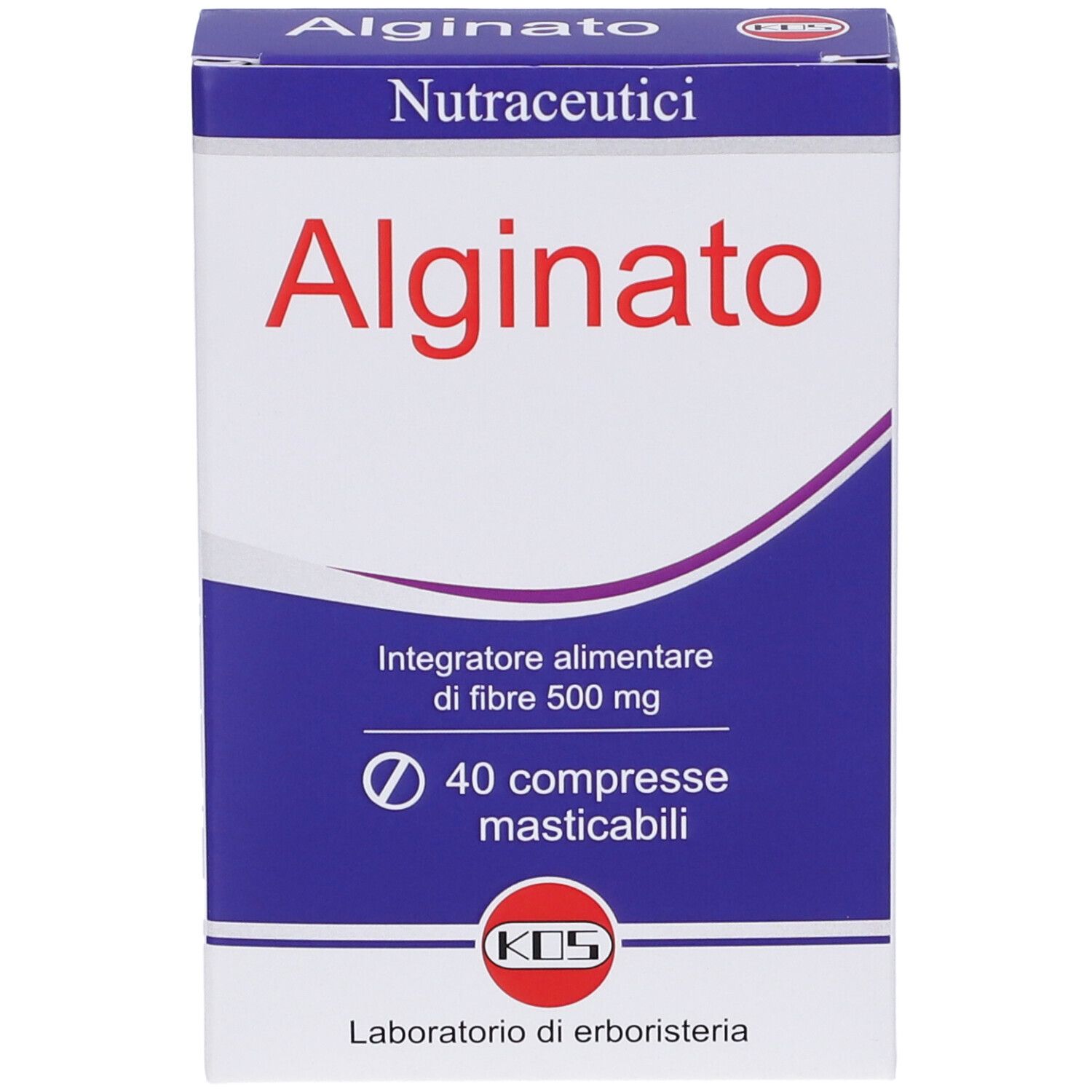 Primo piano della scatola "Alginato". Testo rosso, onda blu, 40 compresse masticabili. Marchio KOS.