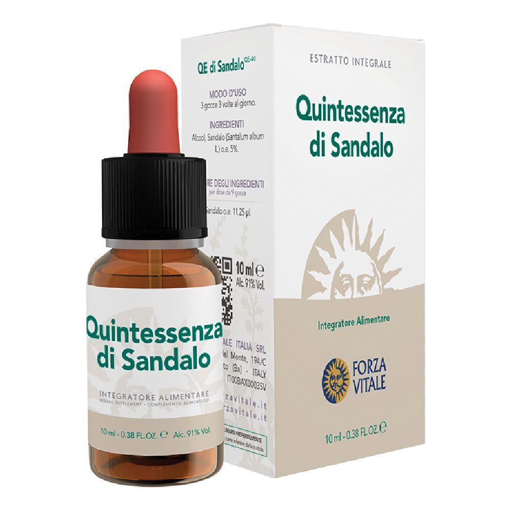Flacone di vetro marrone con contagocce rosso ed etichetta bianca. Scritta: Quintessenza di Sandalo. Con confezione.