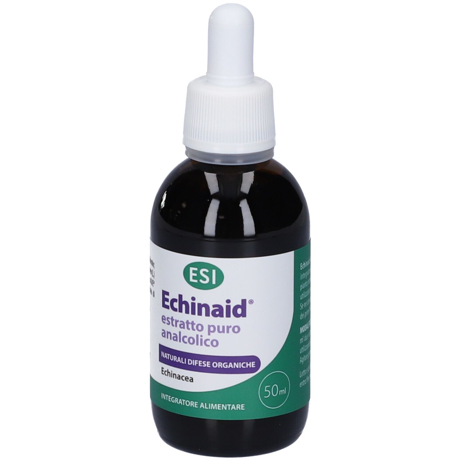 Braune Glasflasche mit weißem Deckel und Pipette. Etikett mit Produktnamen und grünen Akzenten. ESI Echinaid.