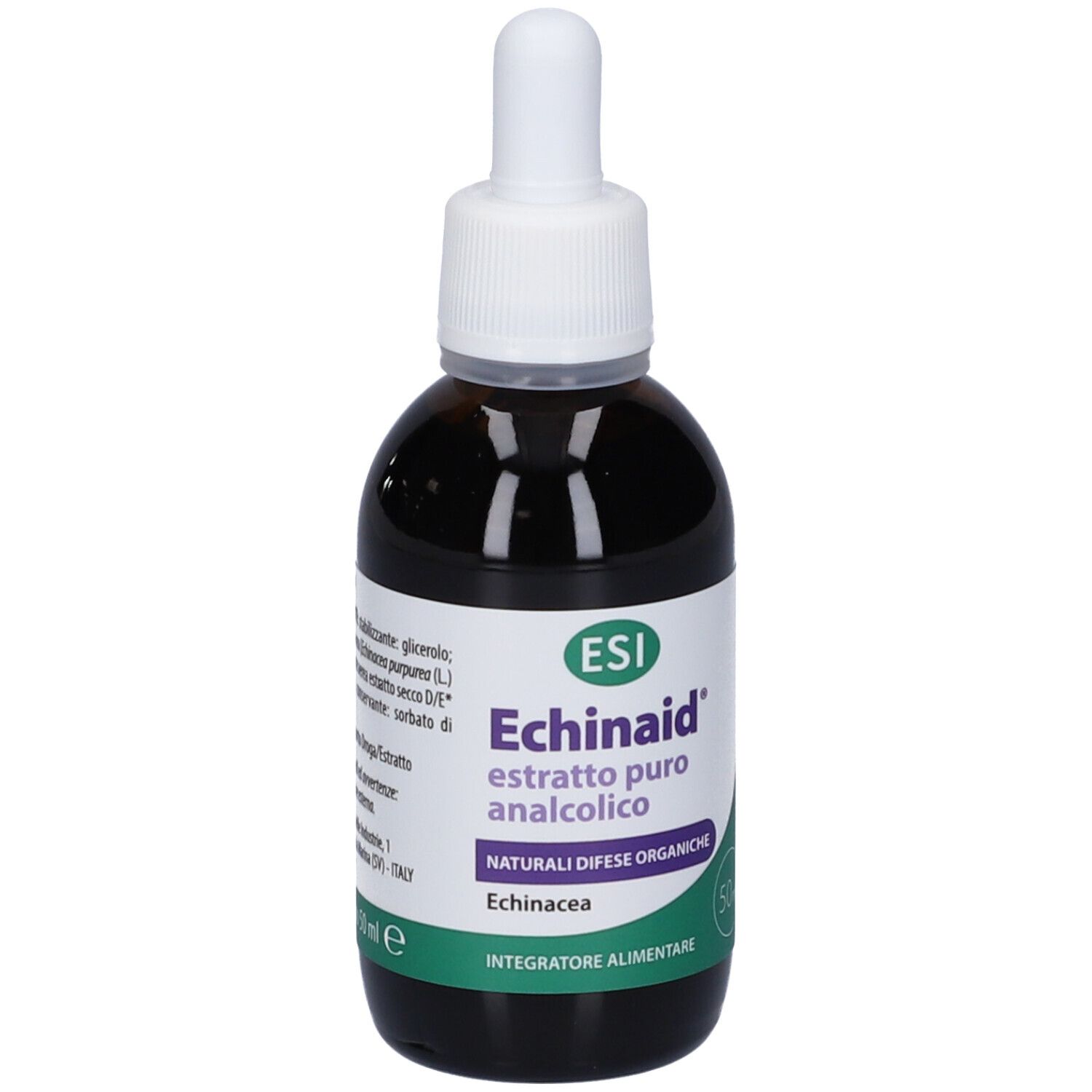 Braune Glasflasche mit weißem Deckel und Pipette. Etikett mit Produktinformationen und grünen Akzenten. ESI Echinaid.