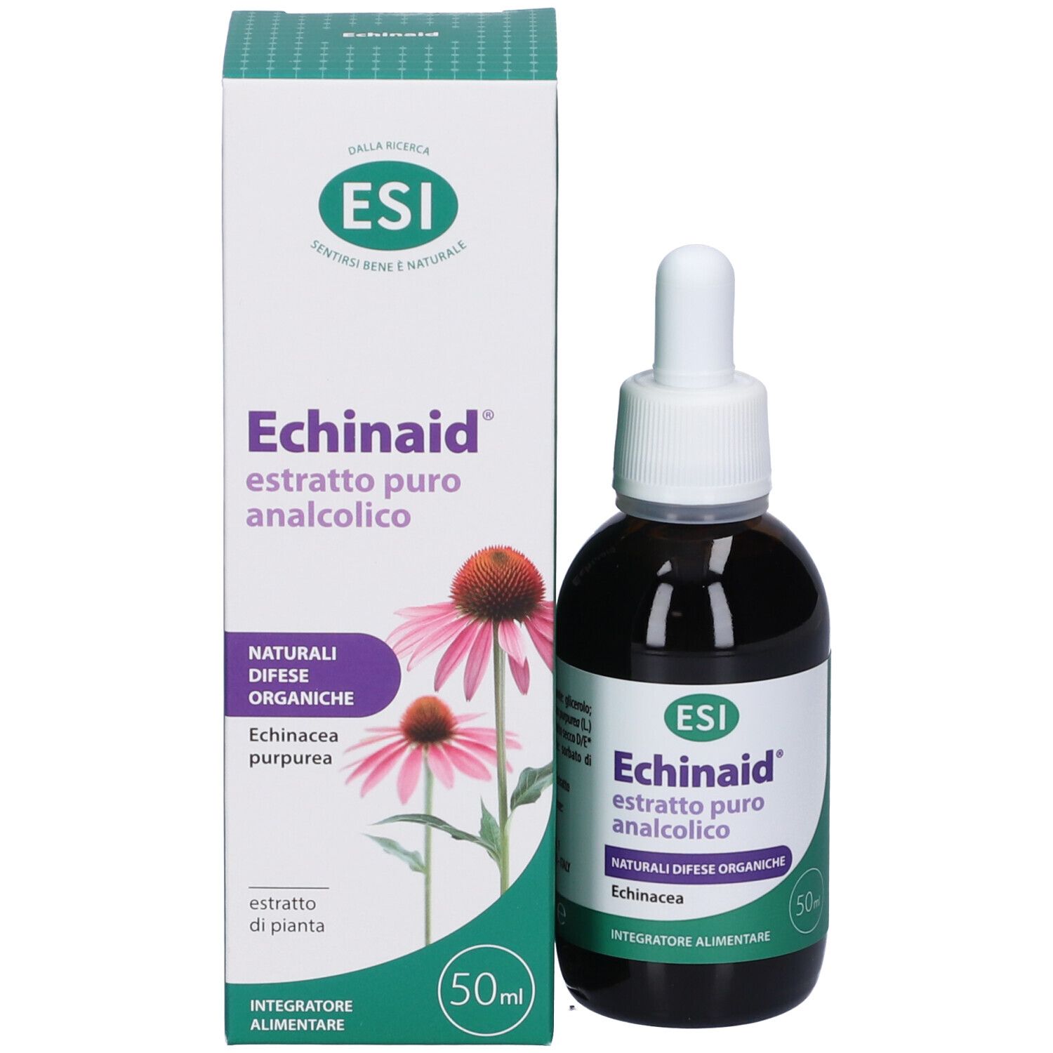 Produktflasche und Verpackung. Weiße Verpackung mit Produktnamen und Abbildung einer Blume. ESI Echinaid.