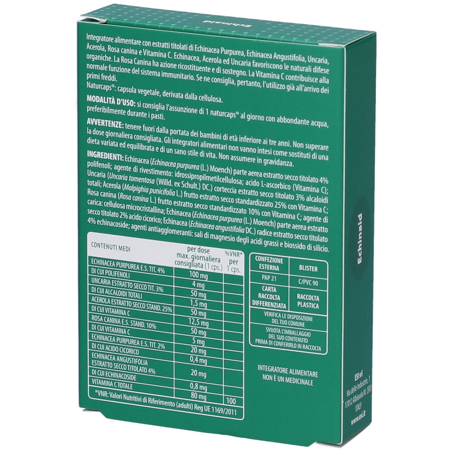 Rückseite der ESI Echinaid® capsule forte Verpackung. Enthält Informationen zu Inhaltsstoffen und Nährwerten.