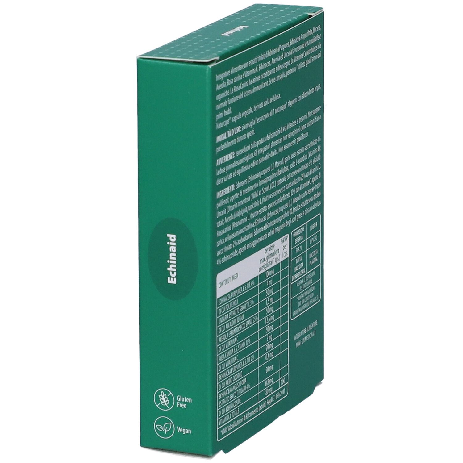 Seitenansicht der ESI Echinaid® capsule forte Verpackung. Grüne Schachtel mit Text und Logos.