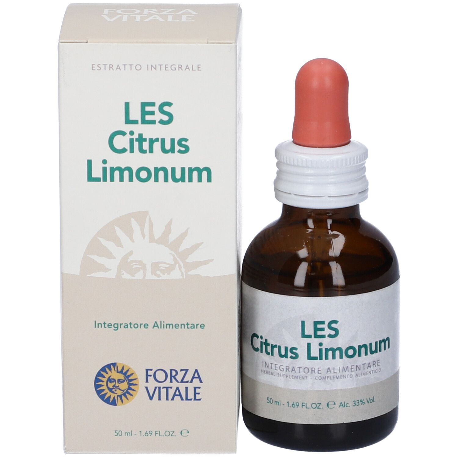 Braune Glasflasche mit Tropfer und Karton. Auf dem Karton steht "LES Citrus Limonum".