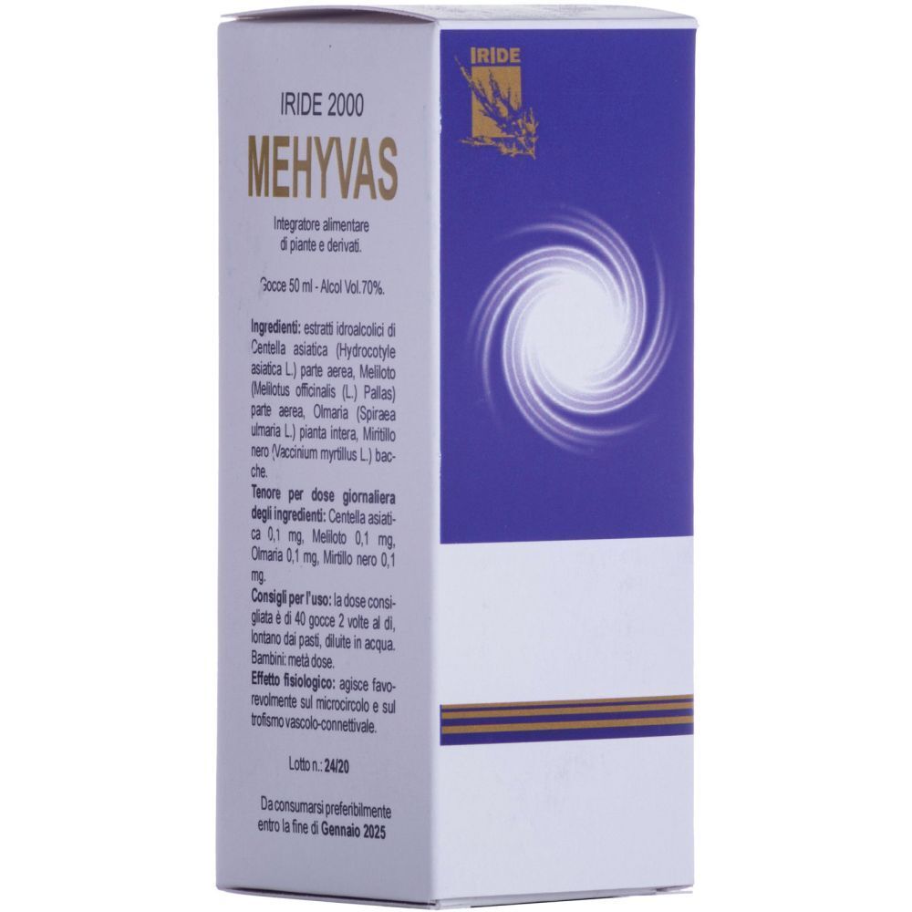 Scatola di Mehyvas. Scritta: IRIDE 2000, MEHYVAS. Spirale blu a destra. Testo in italiano.