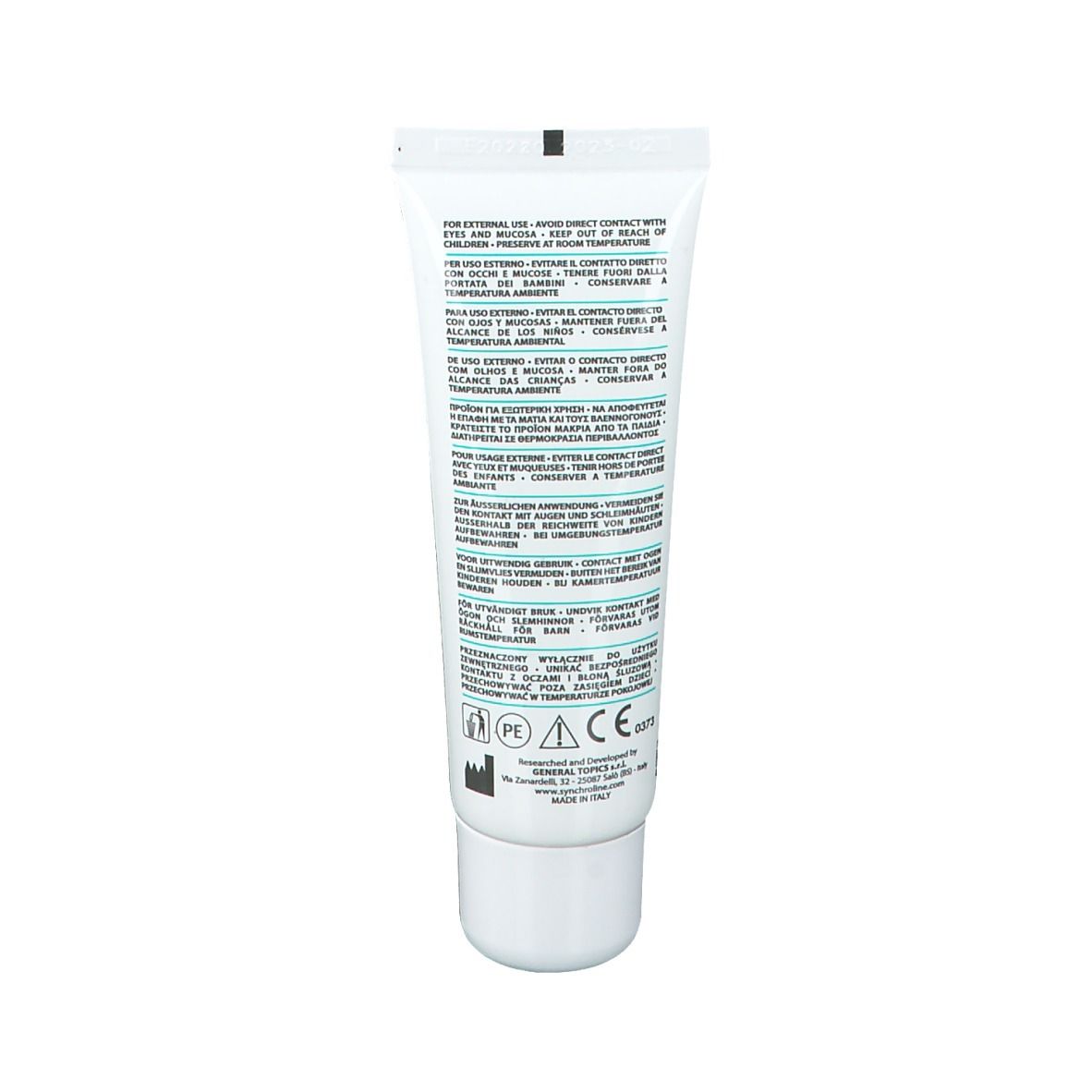 Retro del tubo AKNICARE Cream. Testo multilingue. Contiene informazioni sull'uso e gli ingredienti.