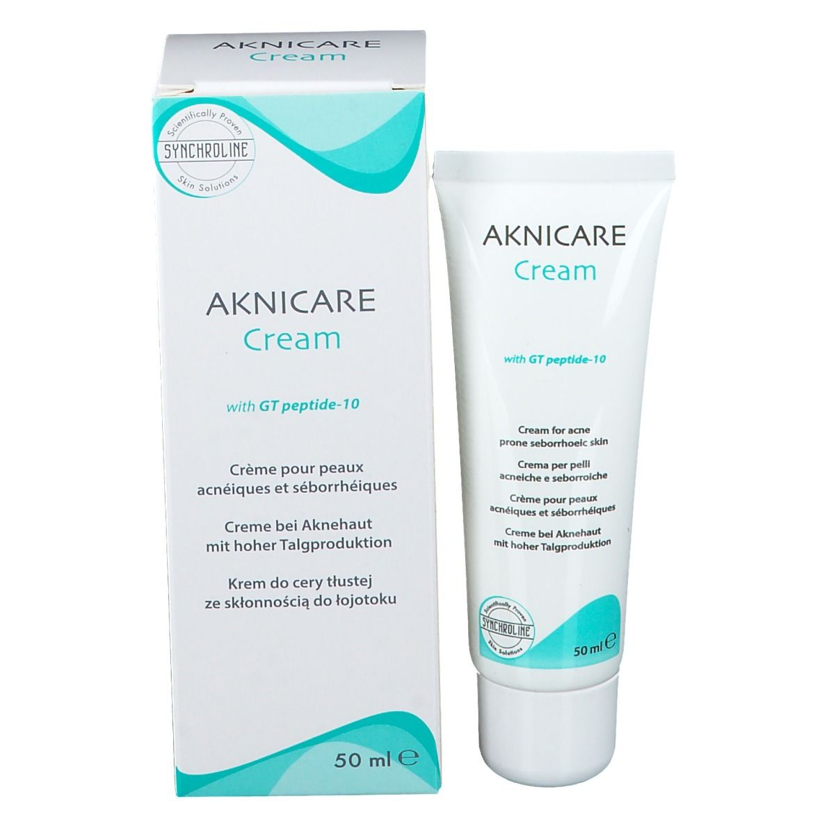 Tubo e scatola AKNICARE Cream. Scatola con nome e testo del prodotto. Contiene 50 ml.