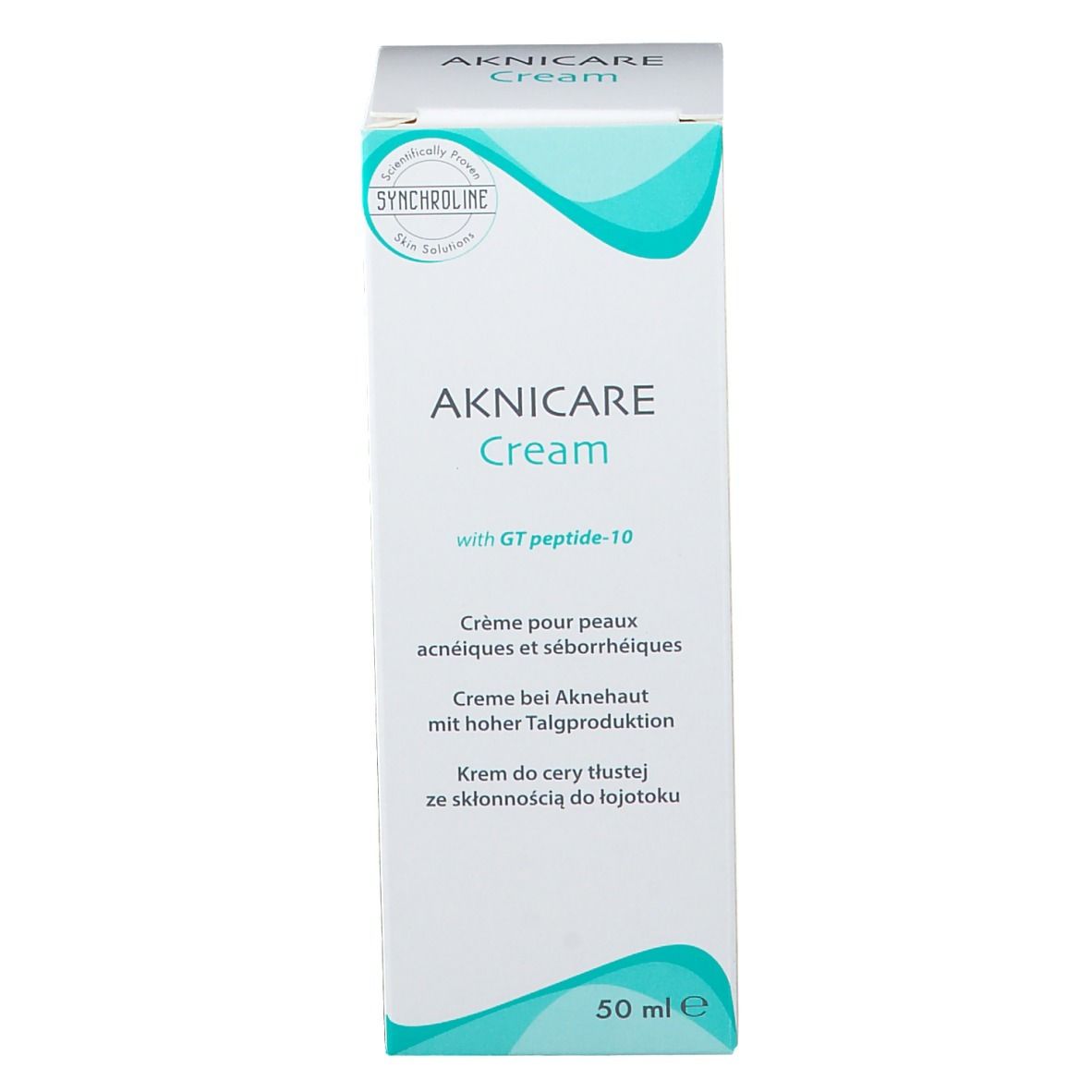 Scatola bianca AKNICARE Cream. Nome e testo del prodotto. Contiene 50 ml. Con GT peptide-10.