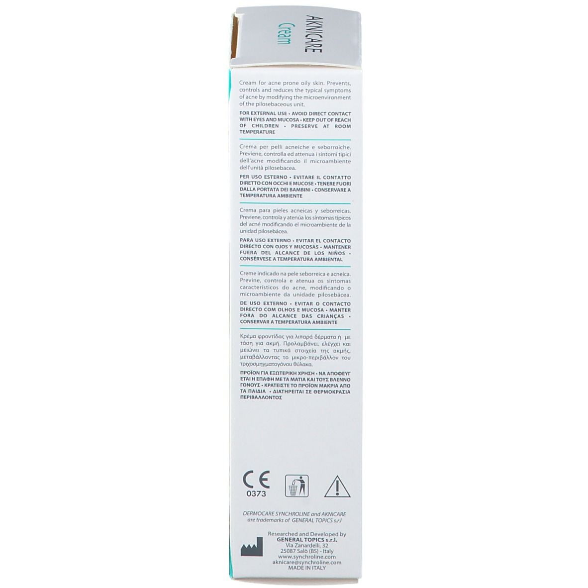 Retro della scatola AKNICARE Cream. Testo multilingue. Informazioni sull'uso e gli ingredienti.
