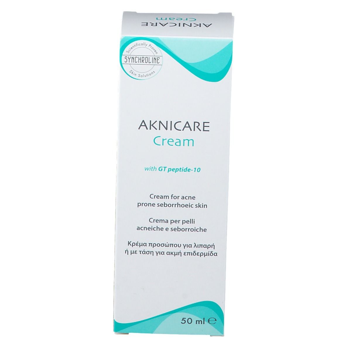 Scatola bianca AKNICARE Cream. Nome e testo del prodotto. Contiene 50 ml. Con GT peptide-10.