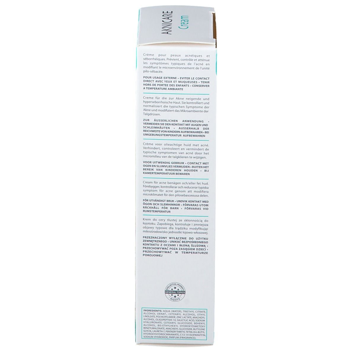 Retro della scatola AKNICARE Cream. Testo multilingue. Informazioni sull'uso e gli ingredienti.
