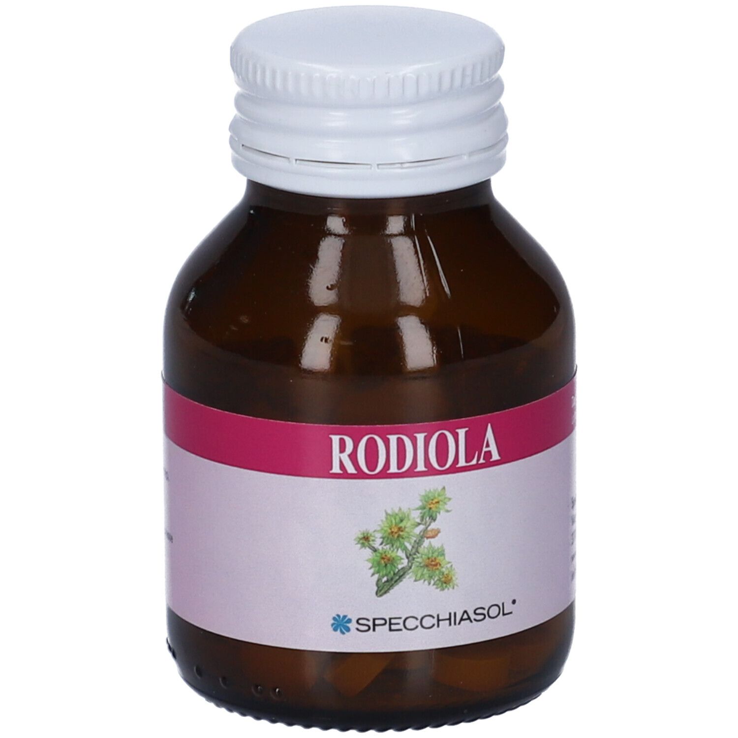 Flacone in vetro ambrato con tappo a vite bianco, etichetta con scritta 'RODIOLA' e illustrazione di pianta.
