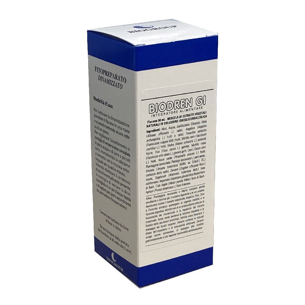 Scatola con informazioni sul prodotto. Colori blu e bianco. Testo: Biodren GI, Integratore Alimentare.
