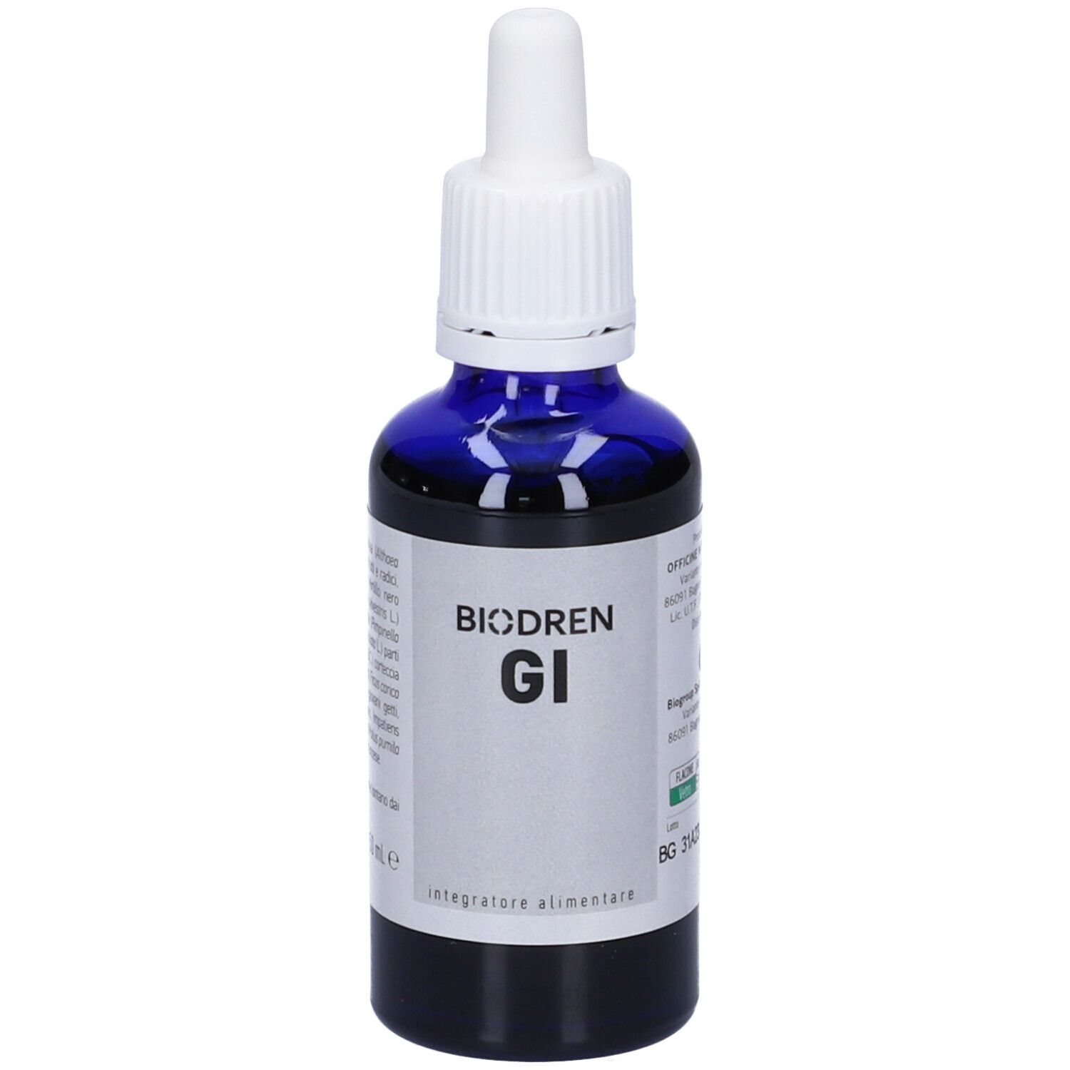 Flacone di vetro blu con tappo bianco e pipetta. Etichetta con testo: Biodren GI, Integratore alimentare.