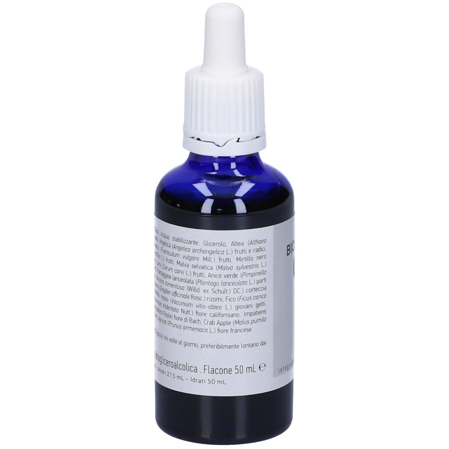 Flacone di vetro blu con tappo bianco e pipetta. Etichetta con testo e ingredienti. 50 ml.