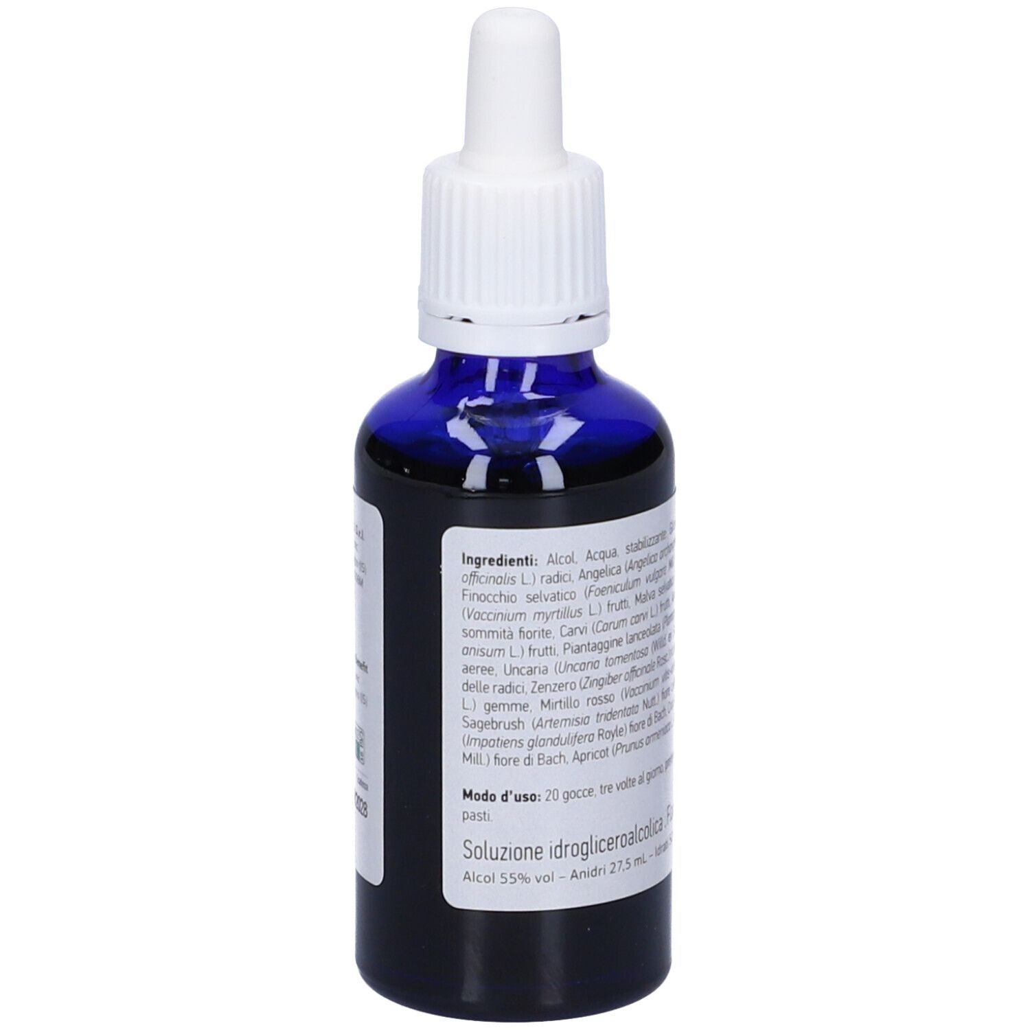 Flacone di vetro blu con tappo bianco e pipetta. Etichetta con testo e ingredienti. 50 ml.