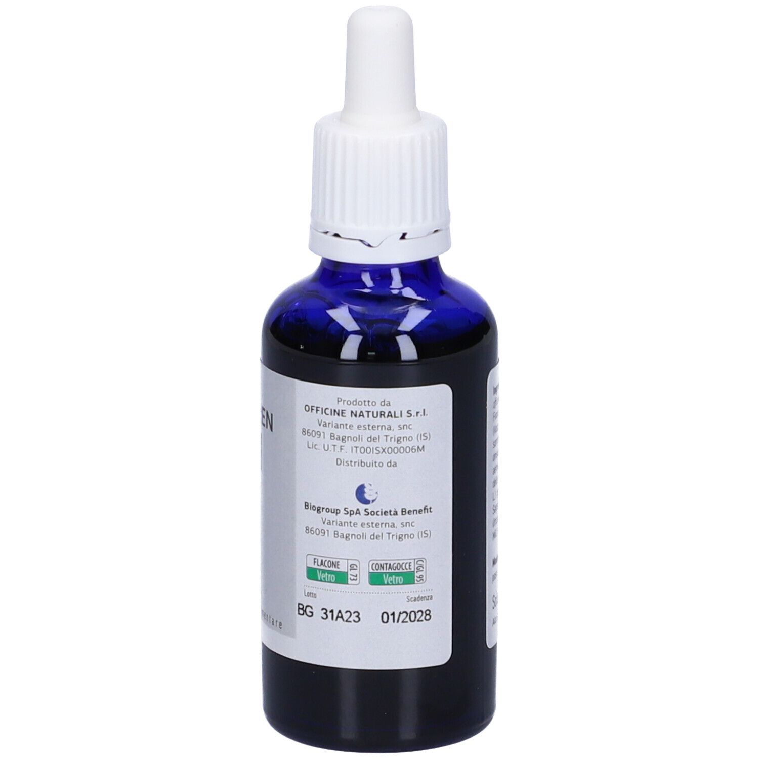 Flacone di vetro blu con tappo bianco e pipetta. Etichetta con testo e informazioni del produttore. 50 ml.