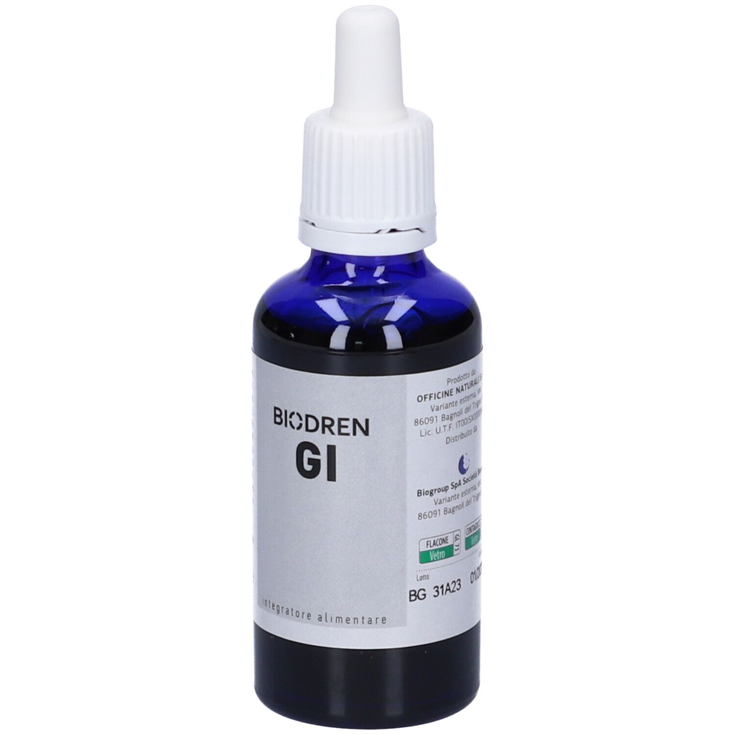 Flacone di vetro blu con tappo bianco e pipetta. Etichetta con testo: Biodren GI, Integratore alimentare.