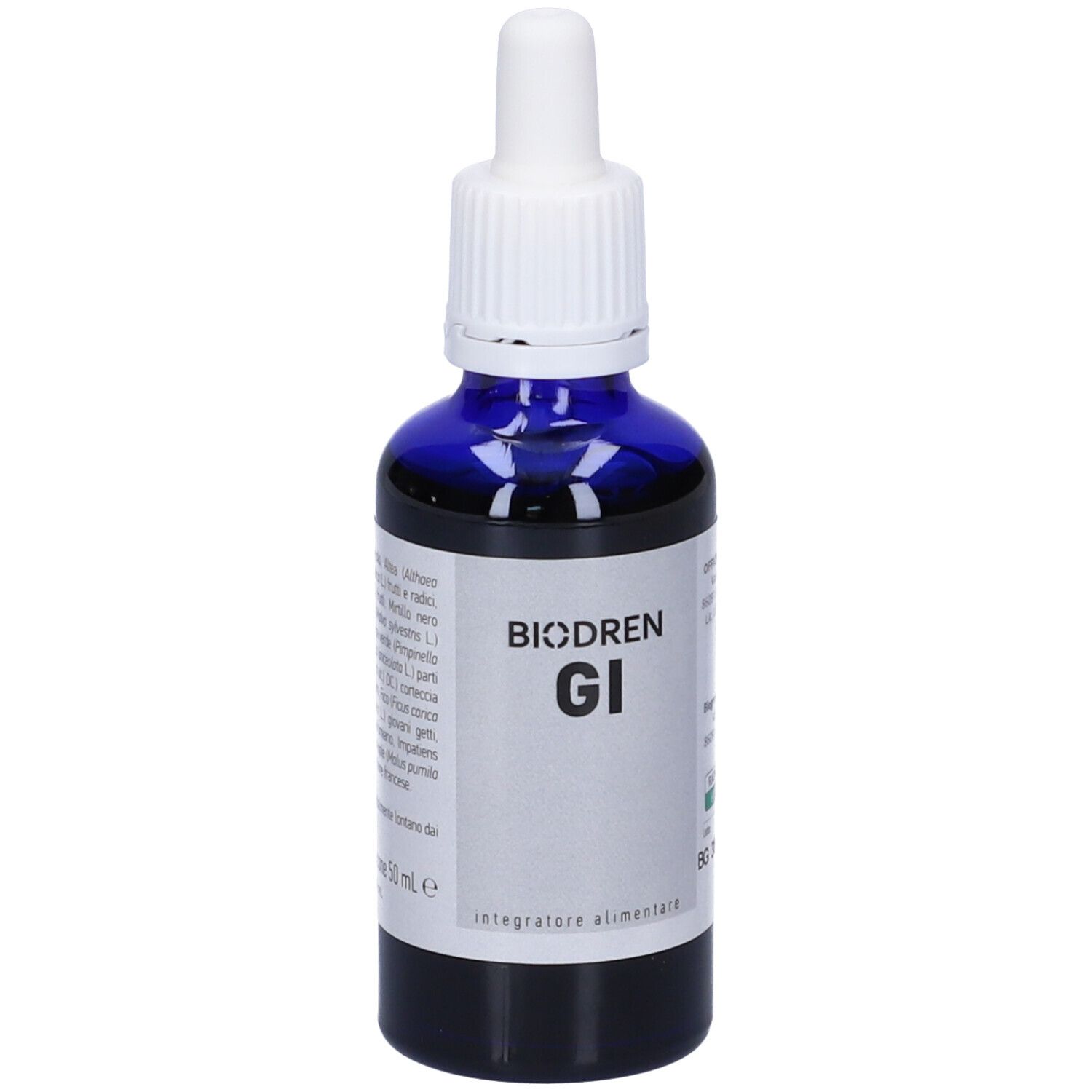 Flacone di vetro blu con tappo bianco e pipetta. Etichetta con testo: Biodren GI, Integratore alimentare.