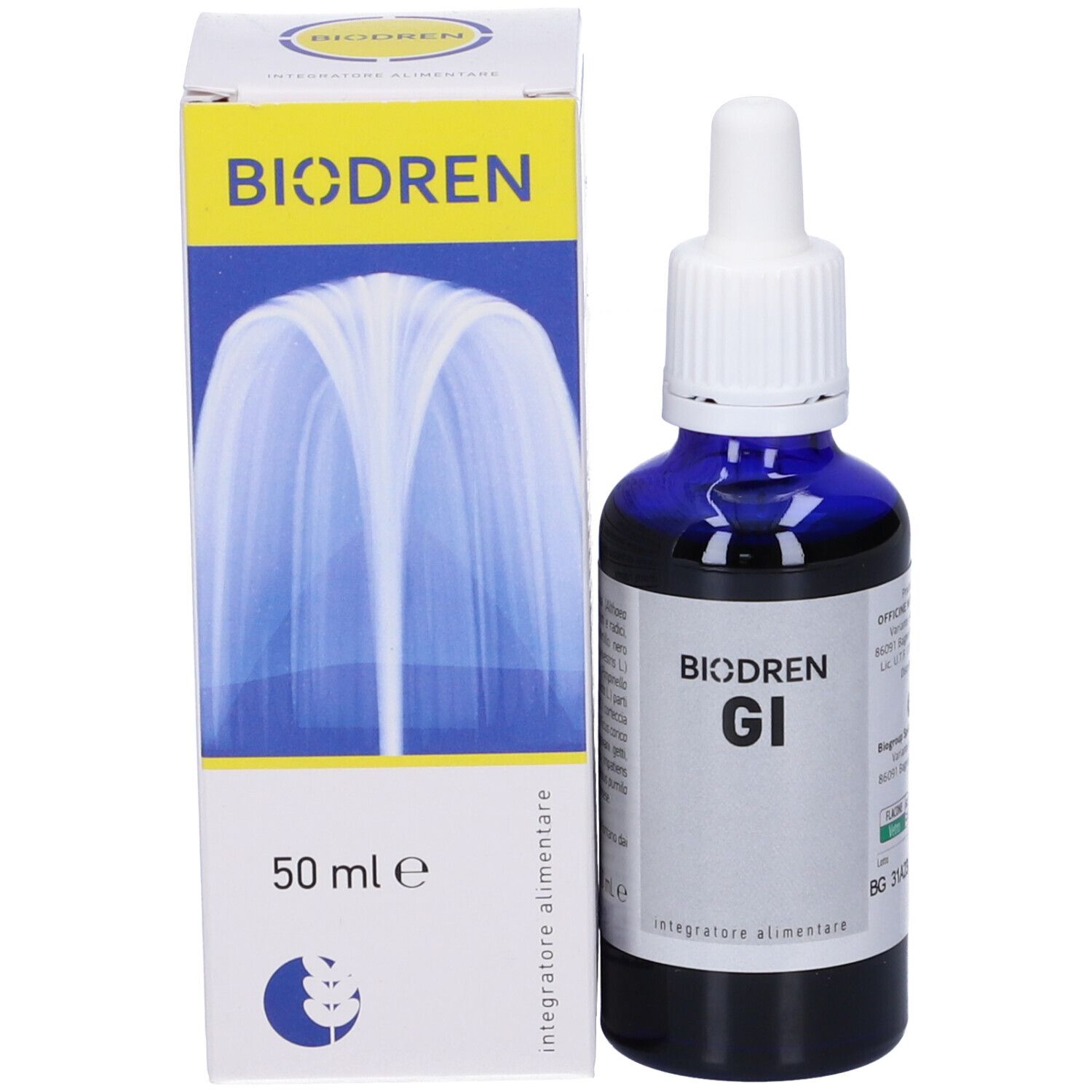 Flacone di vetro blu con tappo bianco e pipetta accanto a una scatola. Sul flacone c'è scritto Biodren GI.