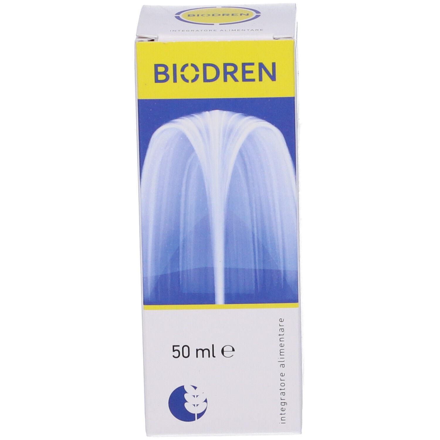 Scatola con informazioni sul prodotto. Scritta: Biodren. 50 ml. Logo.