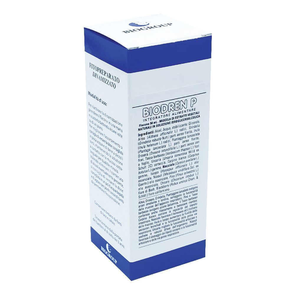 Scatola bianca e blu con testo. Scritto: Biodren P, preparato fitoterapico, integratore alimentare.