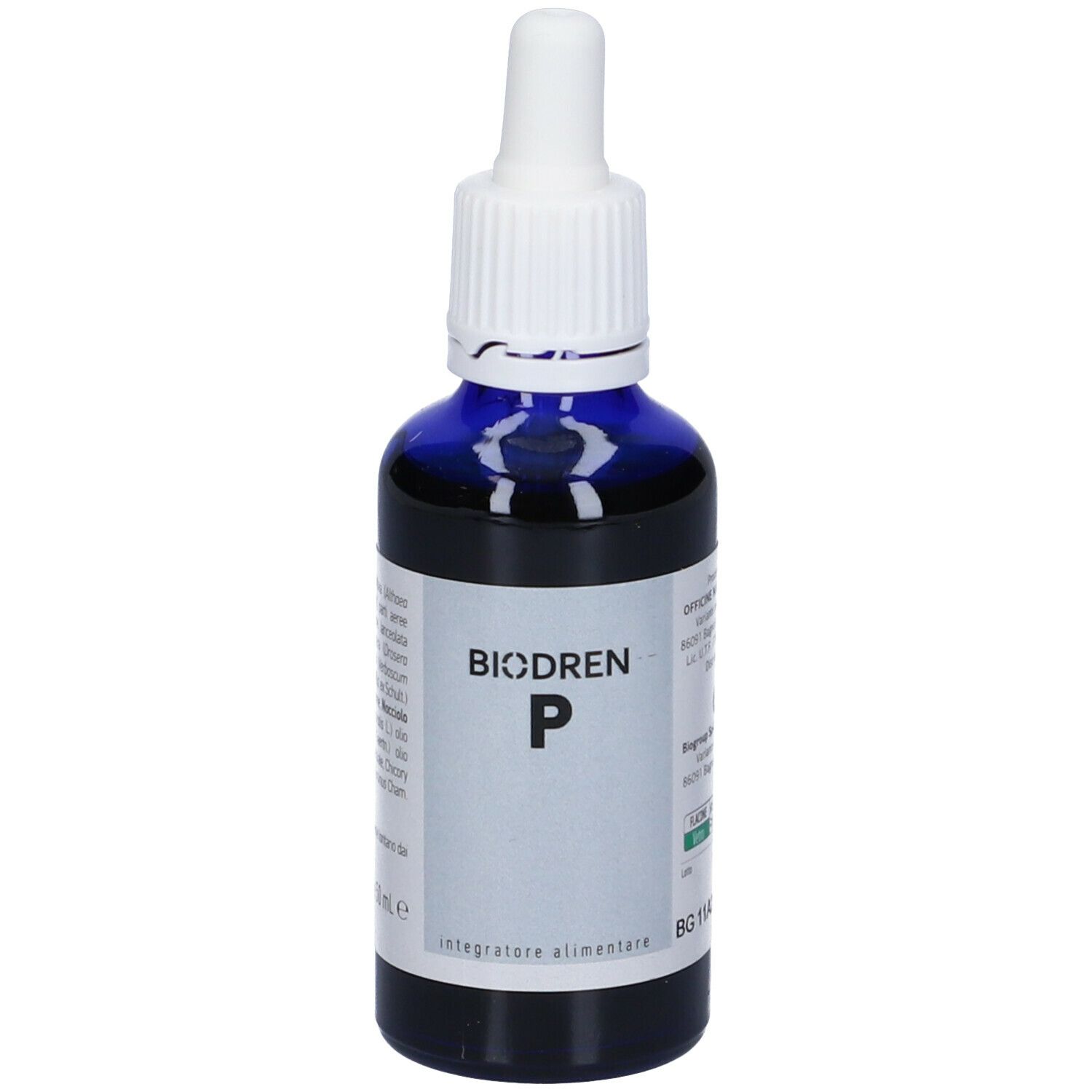 Flacone di vetro blu con contagocce bianco. Scritto: Biodren P, integratore alimentare.