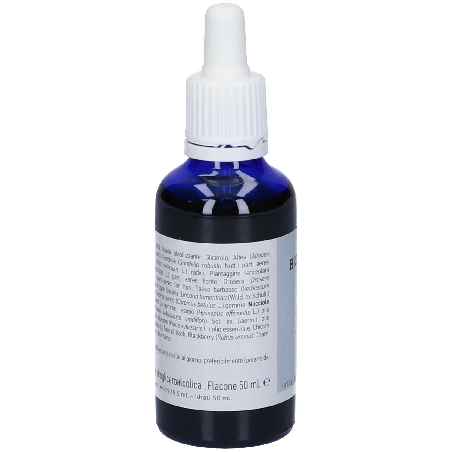 Flacone di vetro blu con contagocce bianco. Testo: Ingredienti, Flacone 50 ml e.
