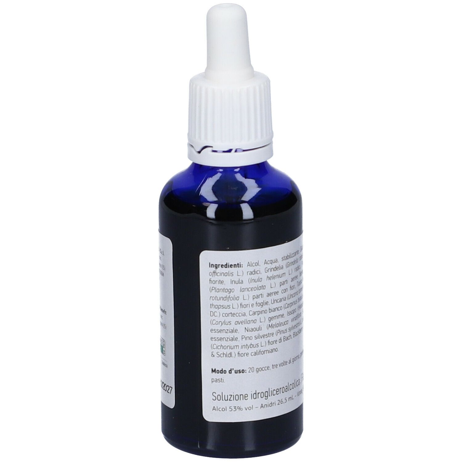 Flacone di vetro blu con contagocce bianco. Testo: Ingredienti, Modo d'uso, Alcool 5,3 % vol.