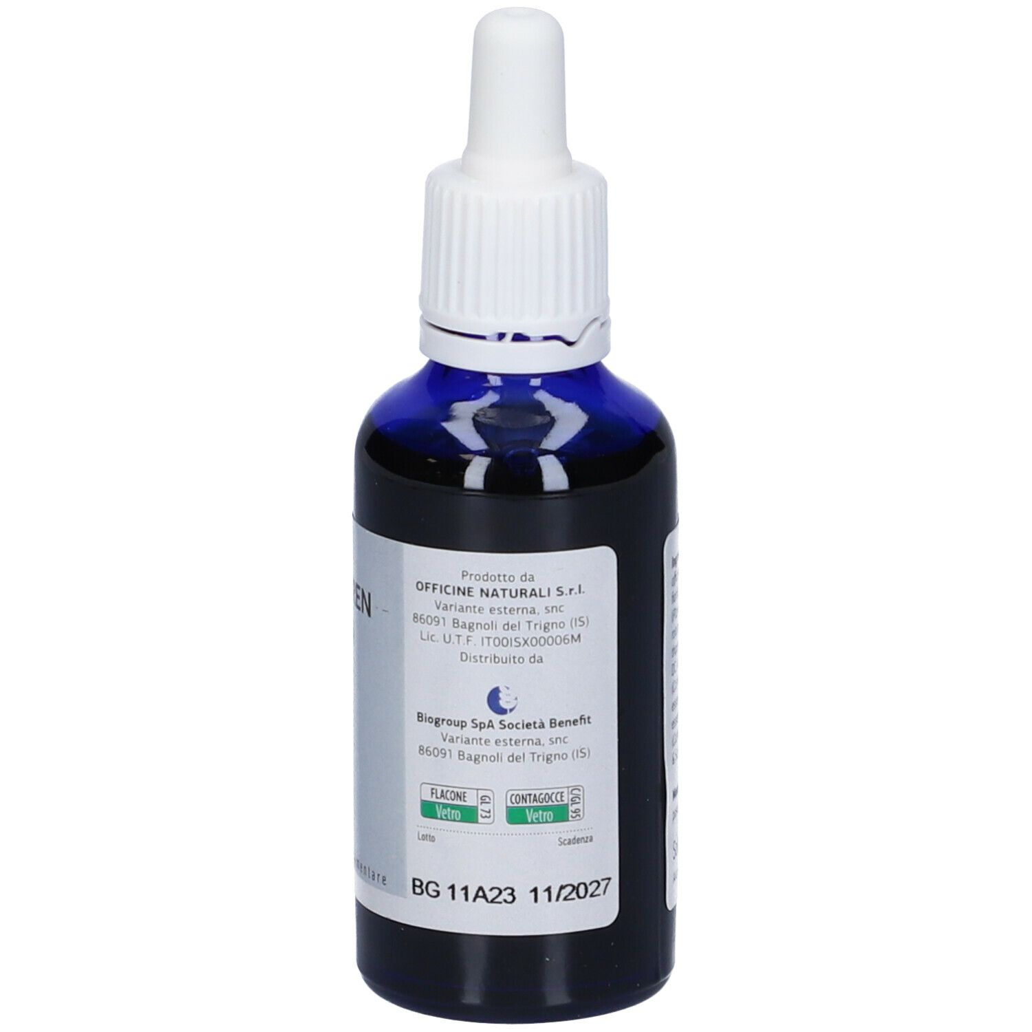 Flacone di vetro blu con contagocce bianco. Testo: Offine Naturali, BG 11A23 11/2027.